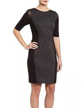 T Tahari Dilana Dress Rayon Blend Sheath Scuba Ashen Mesh Inserts Stretch Lined